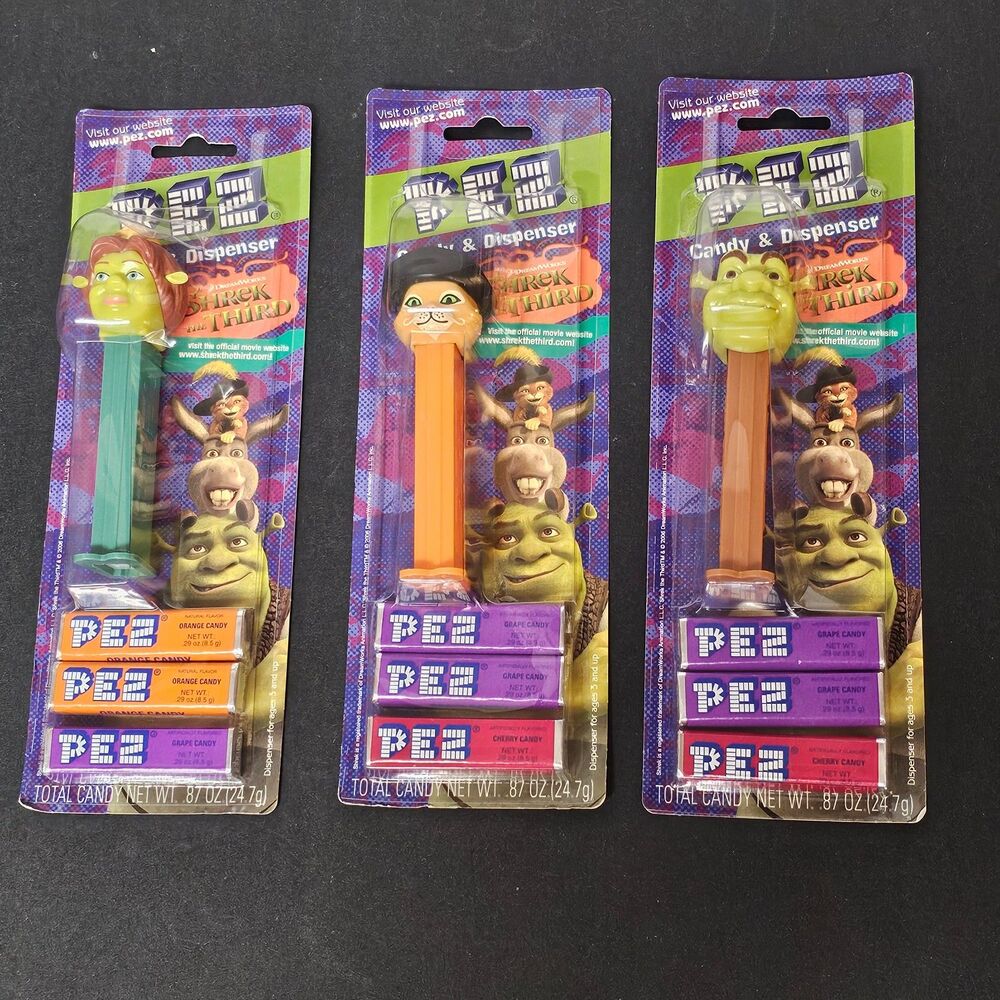 Shrek the Third Pez Set of 3 Fiona Shrek Puss in Boots New 2006 Dreamworks